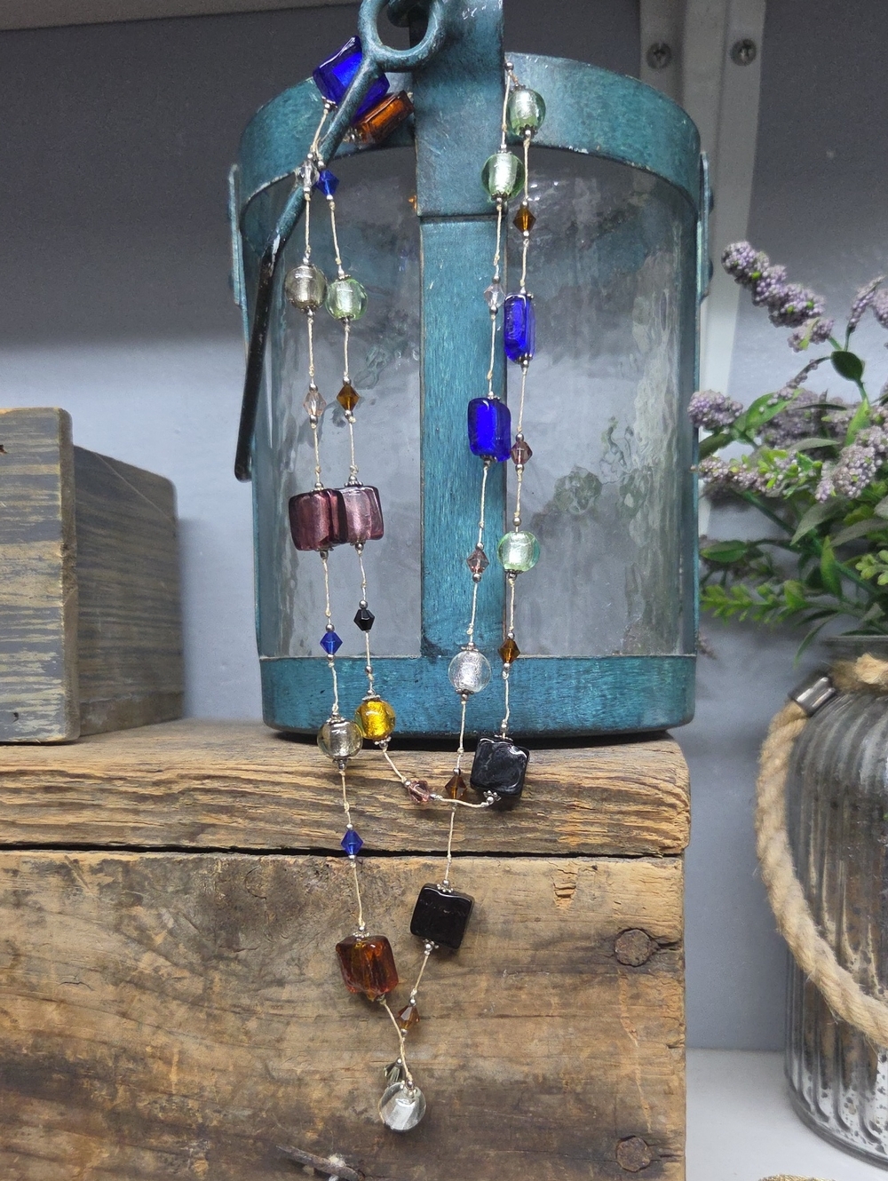 Vintage Murano Style Art Glass Beaded Necklace 18" Wire Link Square Pillow Beads